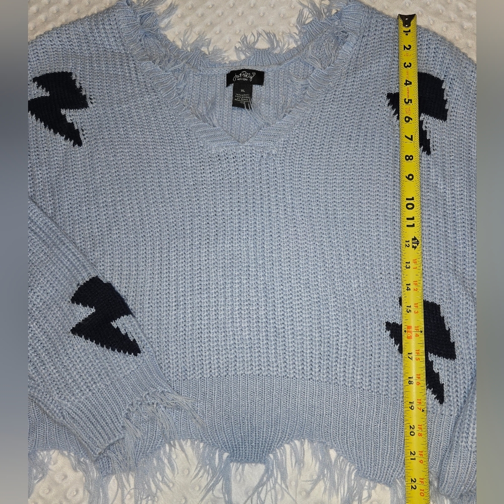 Just Polly Pale Blue V-Neck Fringe Distressed Crop Sweater Womens XL Bolts - Picture 7 of 7